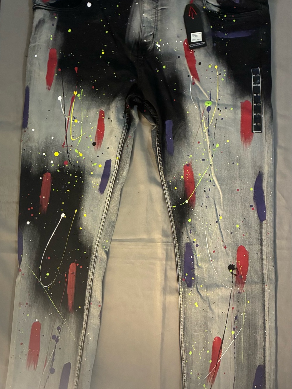& Other Stories Black and Gray Skinny Pants with Red and Purple Paint Splatter
